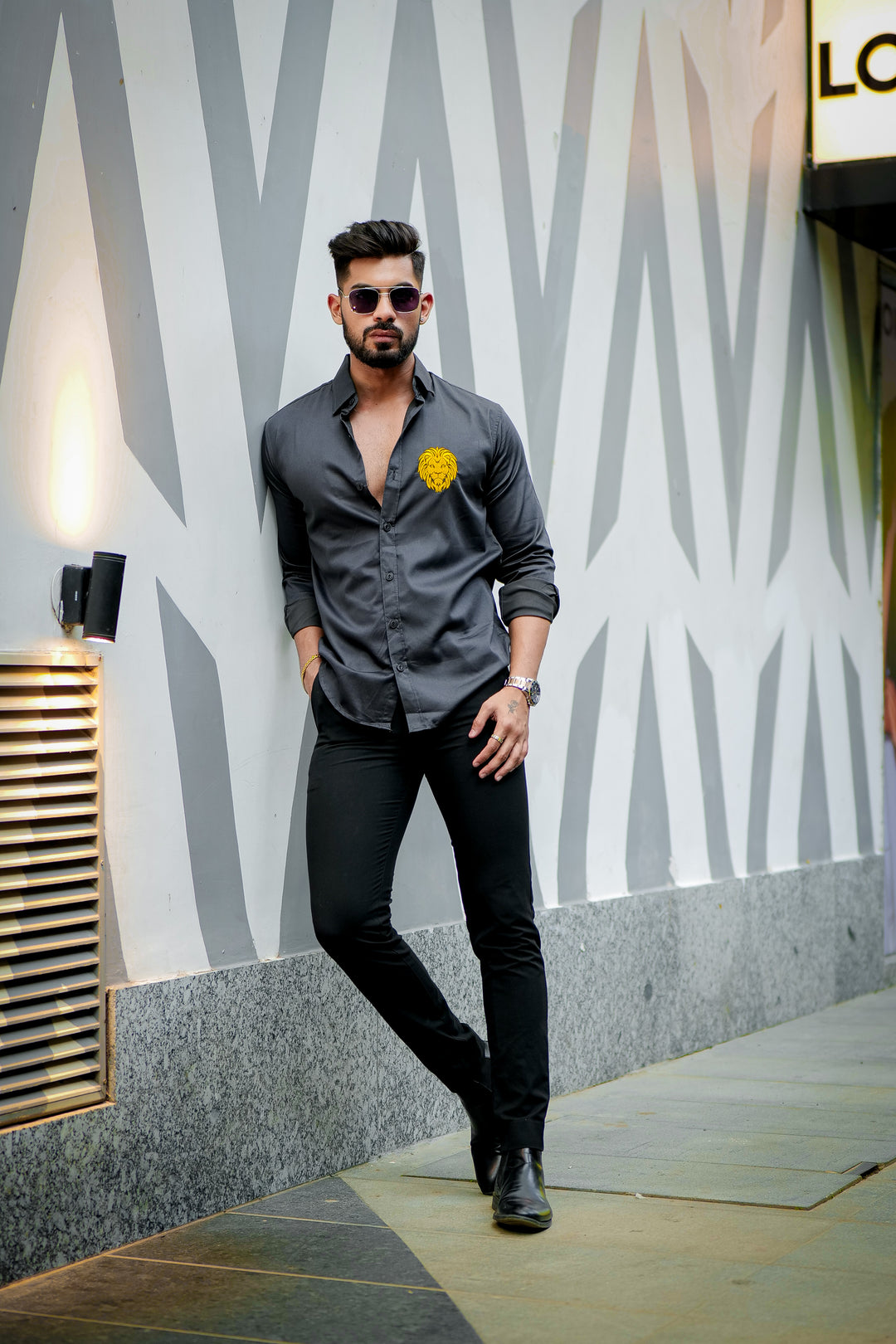 Grey Lion embroidery premium satin cotton shirt