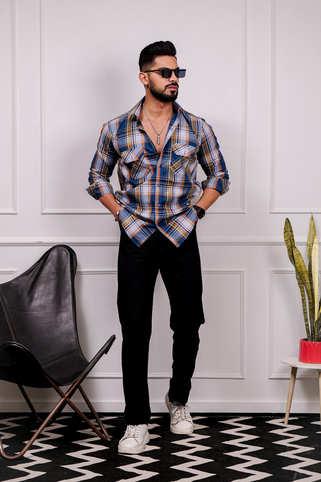 Blue-Grey Double Pocket Full Sleeve Check Shirt