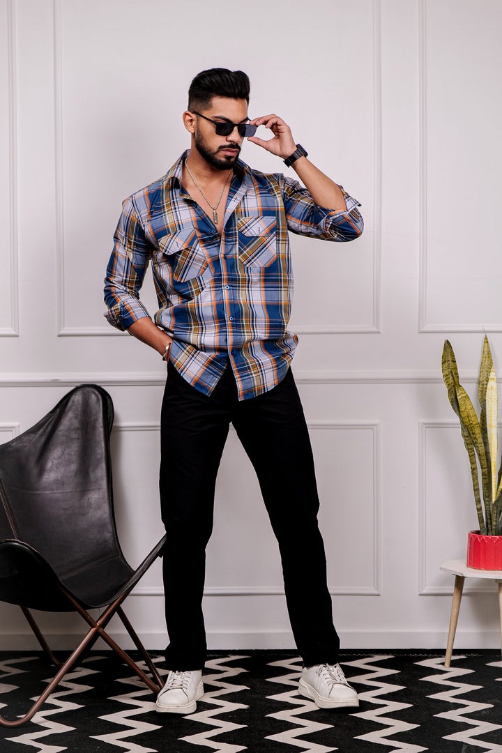 Blue-Grey Double Pocket Full Sleeve Check Shirt