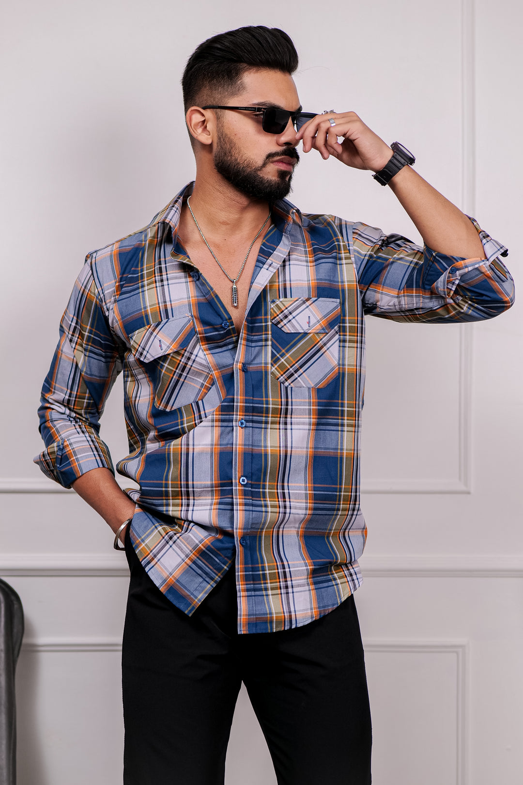 Blue-Grey Double Pocket Full Sleeve Check Shirt