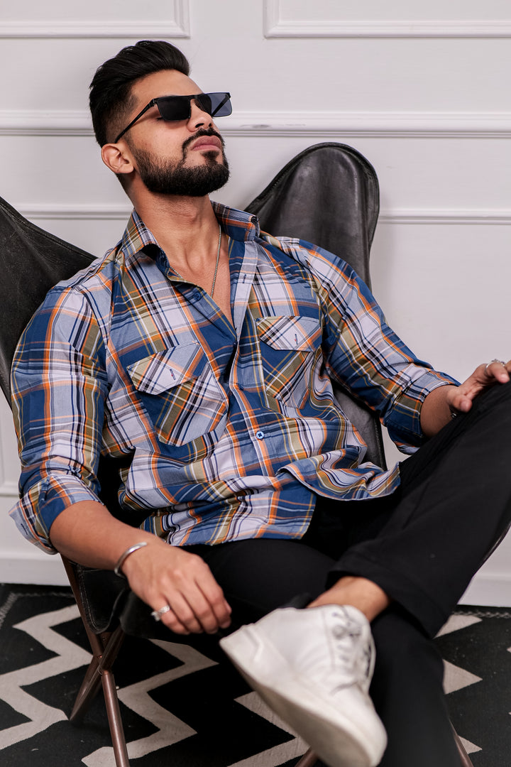 Blue-Grey Double Pocket Full Sleeve Check Shirt