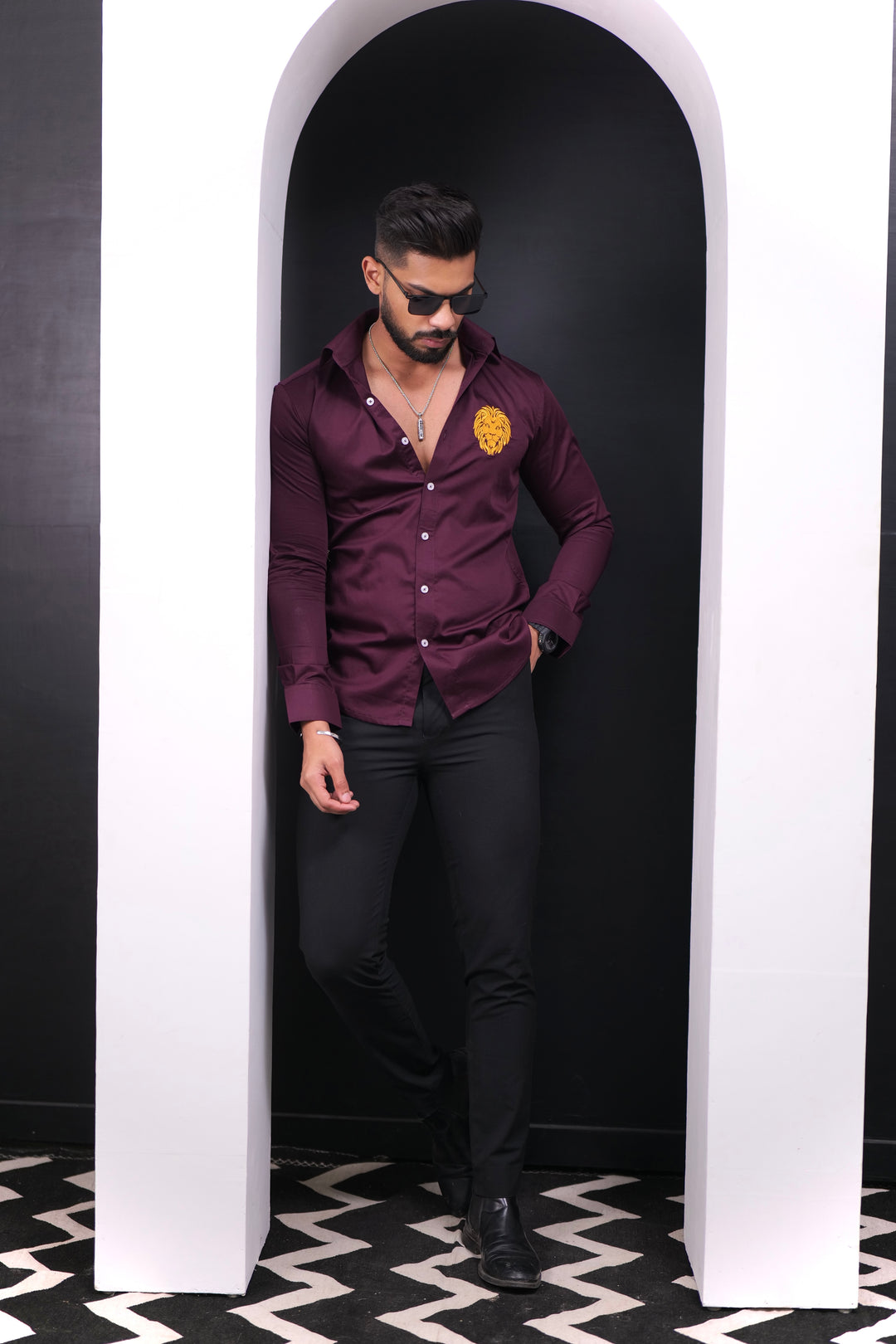 Wine lion embroidery premium satin cotton shirt