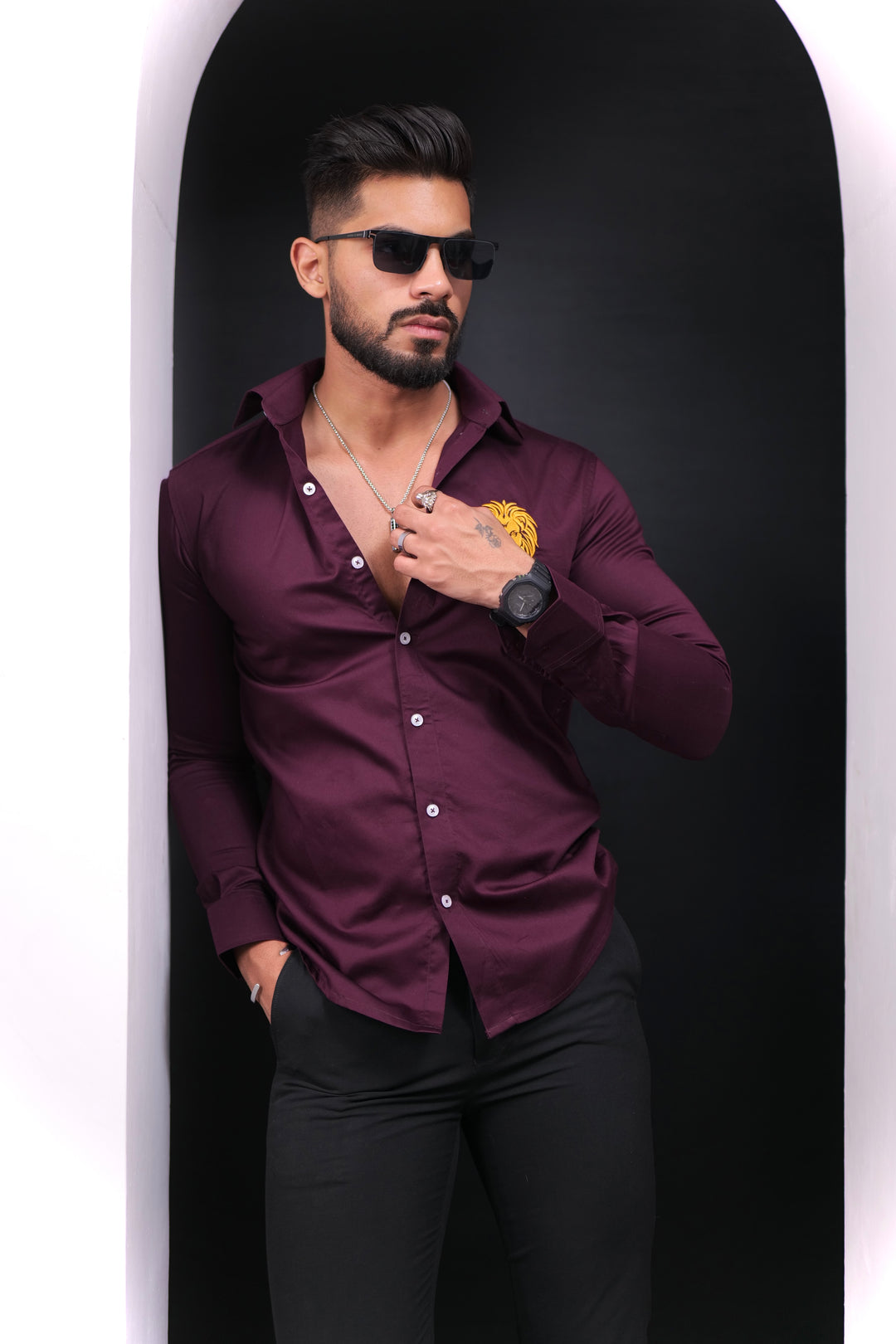 Wine lion embroidery premium satin cotton shirt