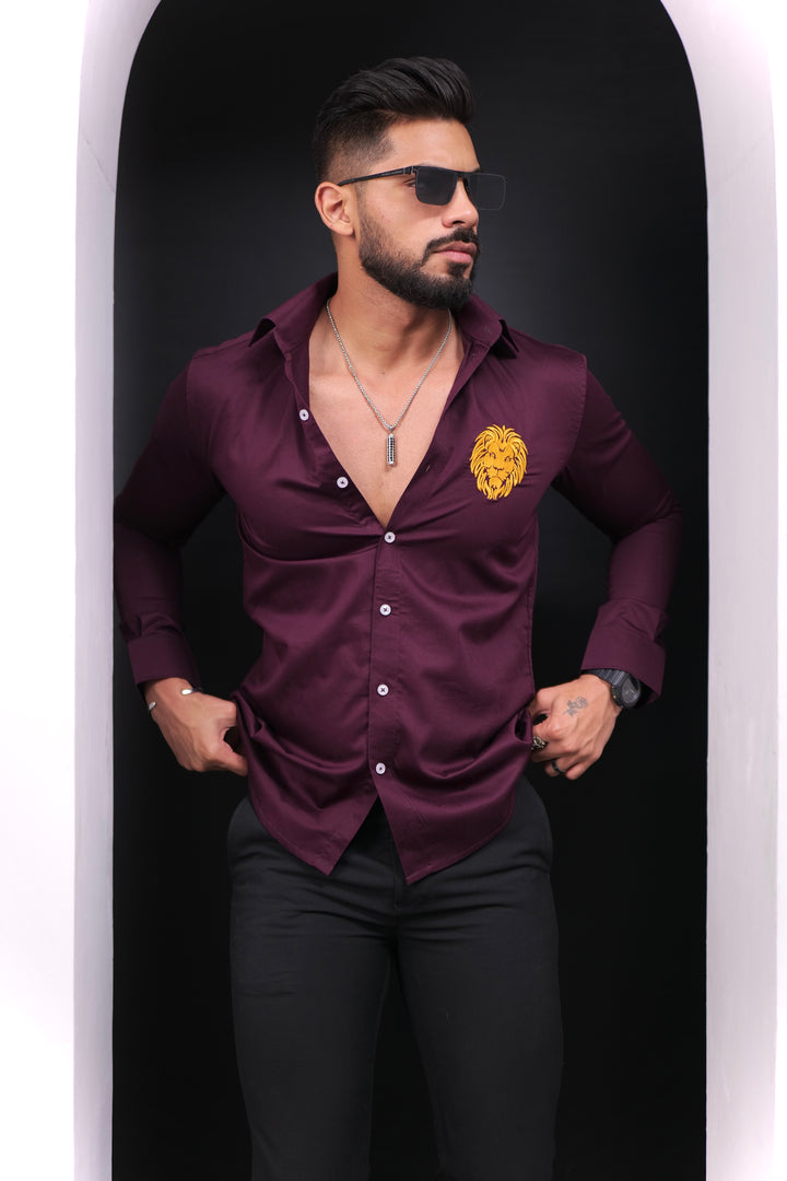 Wine lion embroidery premium satin cotton shirt