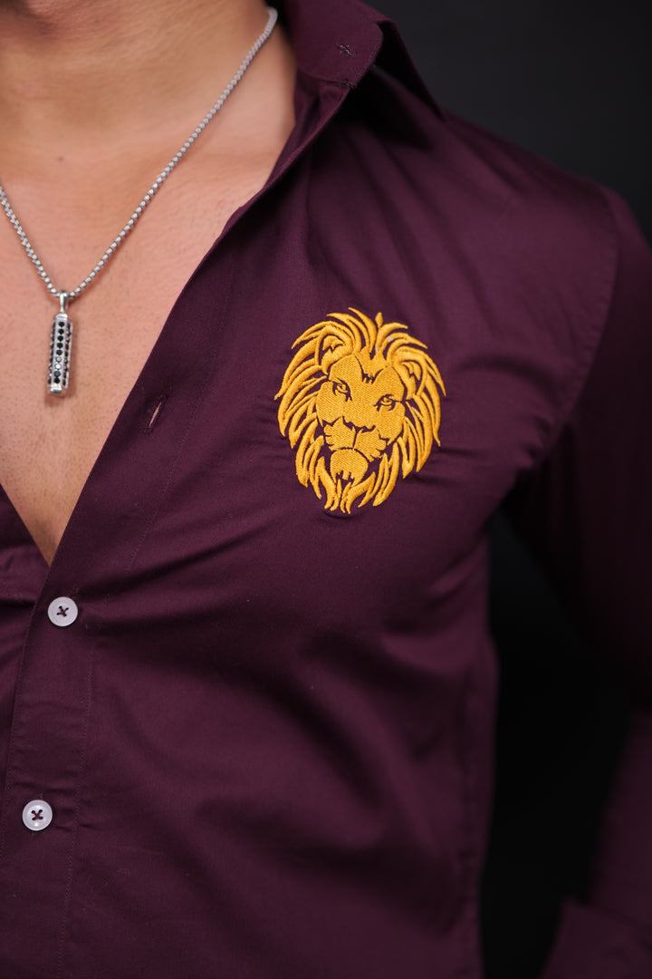 Wine lion embroidery premium satin cotton shirt