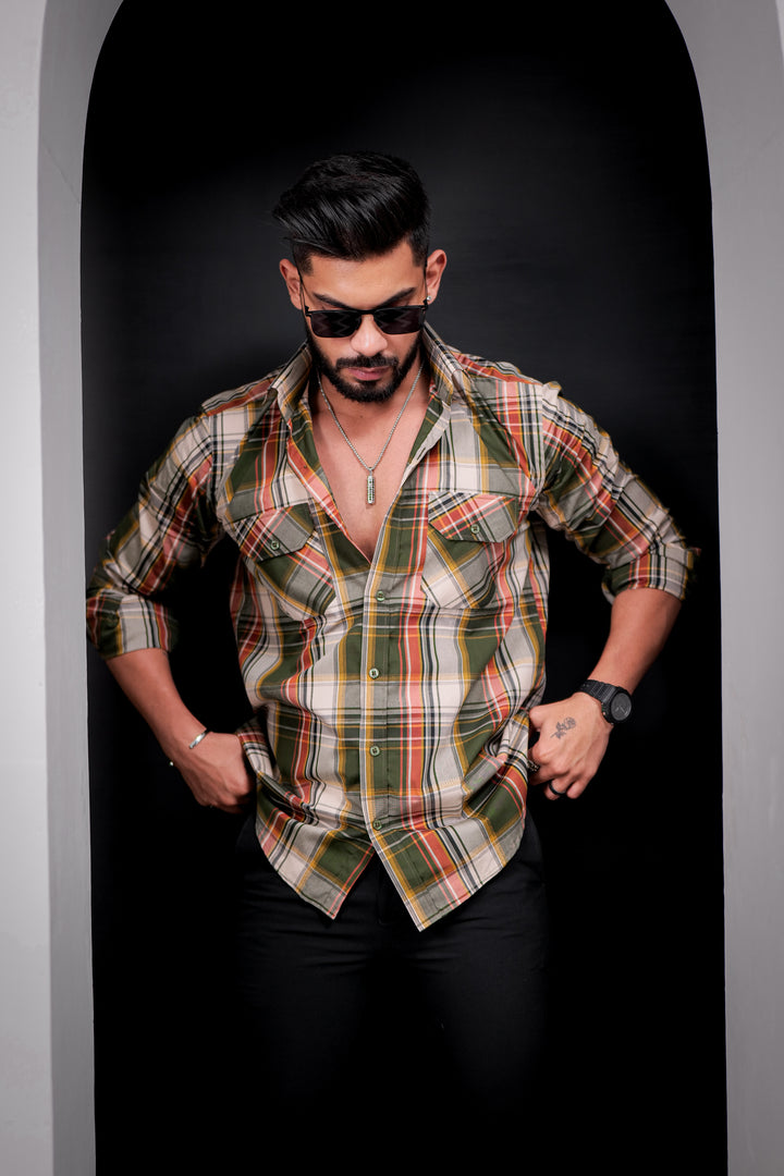 Mehandi Double Pocket Full Sleeve Check Shirt