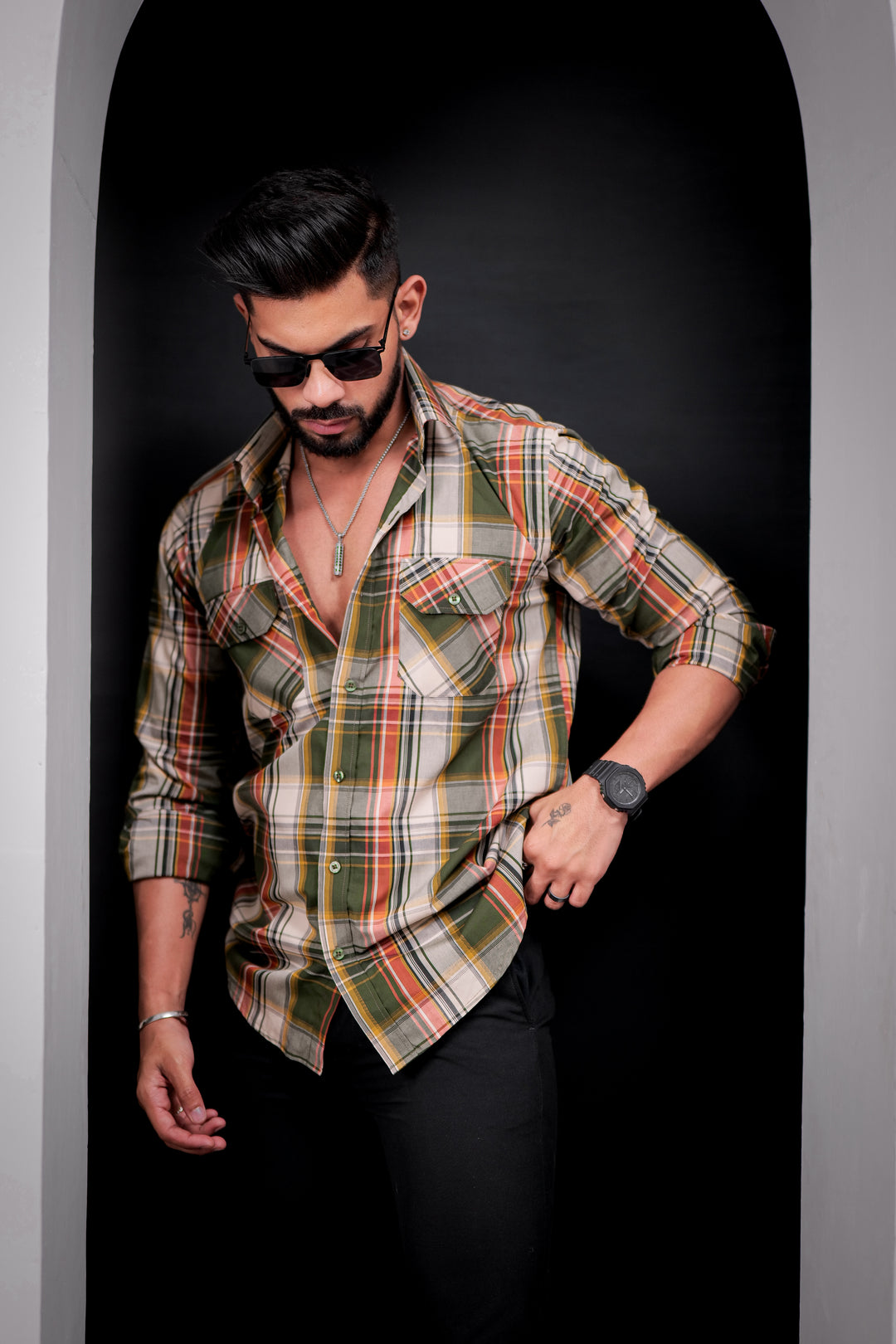 Mehandi Double Pocket Full Sleeve Check Shirt