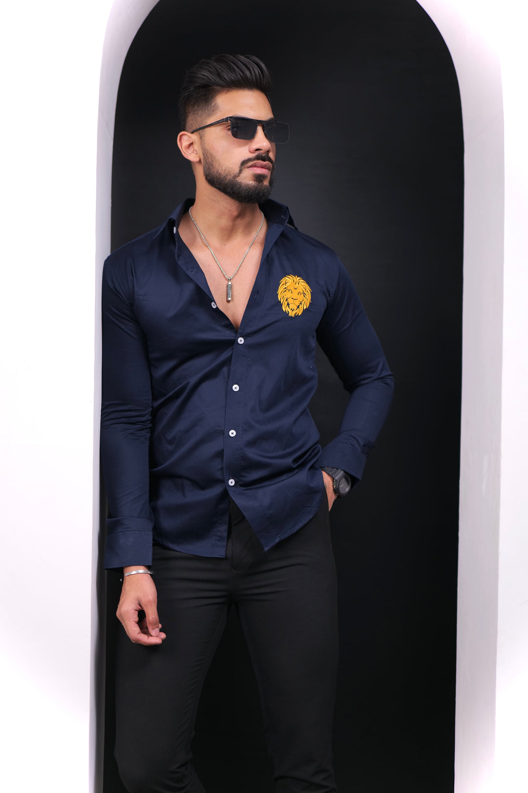 Navy lion embroidery premium satin cotton shirt