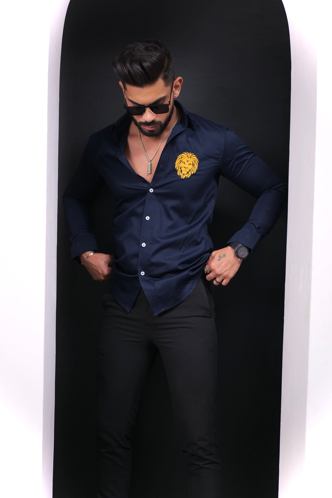 Navy lion embroidery premium satin cotton shirt