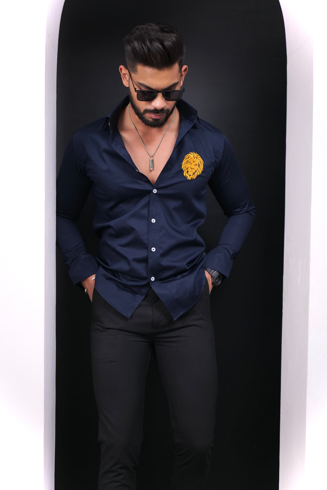 Navy lion embroidery premium satin cotton shirt