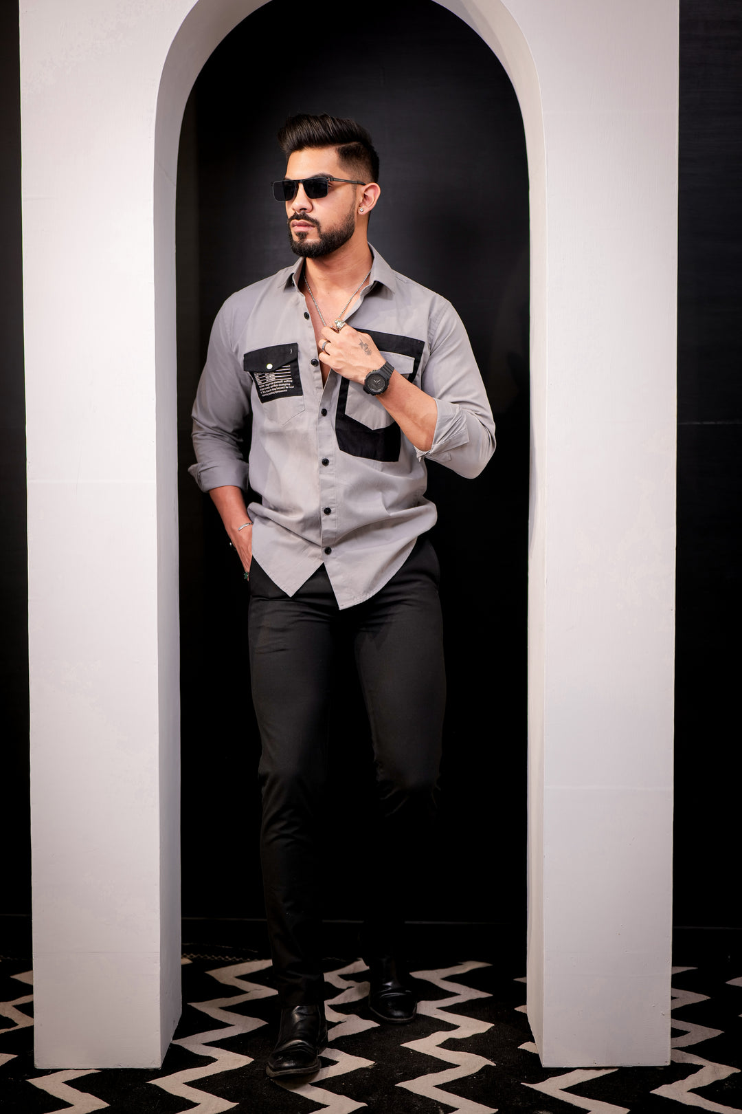 Grey-Black Double Pocket Full Sleeve Shirt