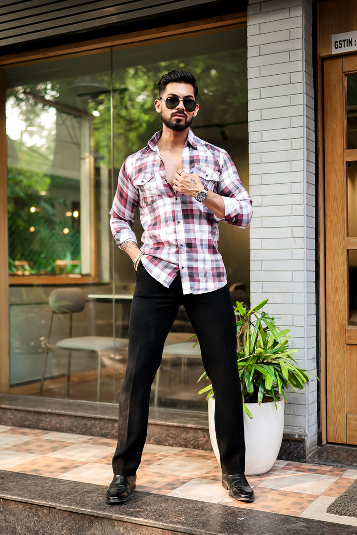 Maroon Double Pocket Checkered Shirt