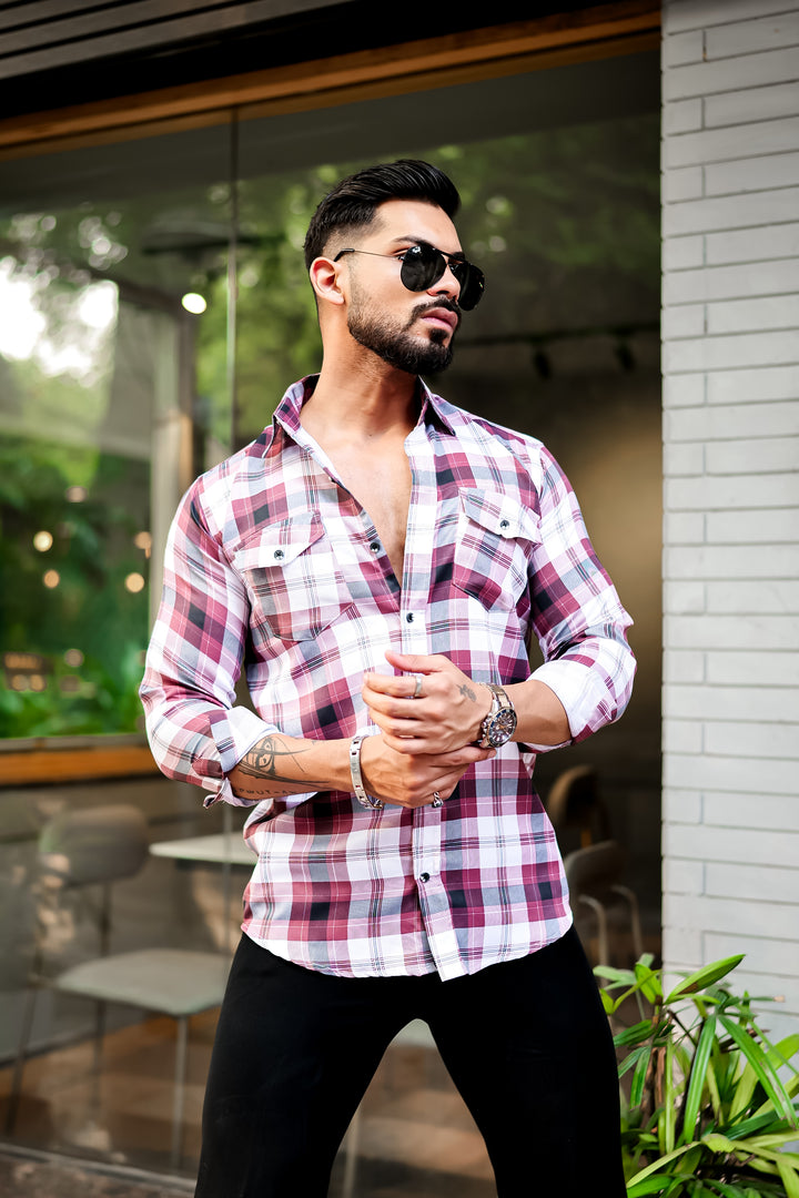 Maroon Double Pocket Checkered Shirt