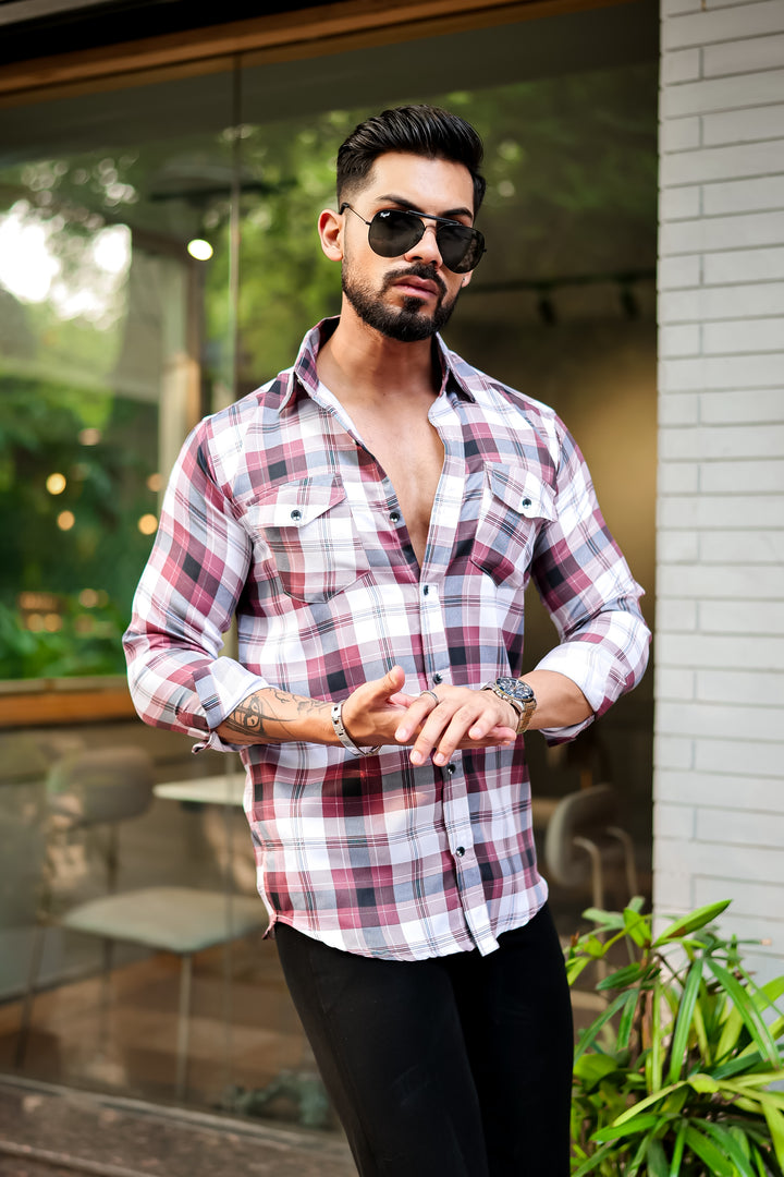 Maroon Double Pocket Checkered Shirt