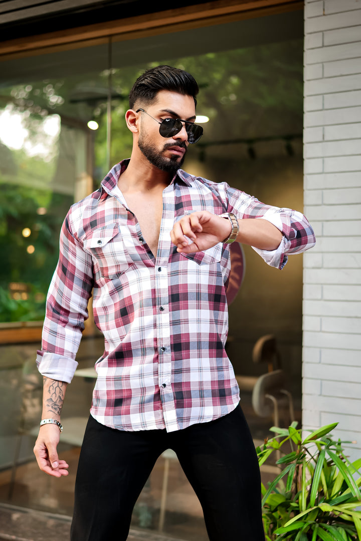 Maroon Double Pocket Checkered Shirt