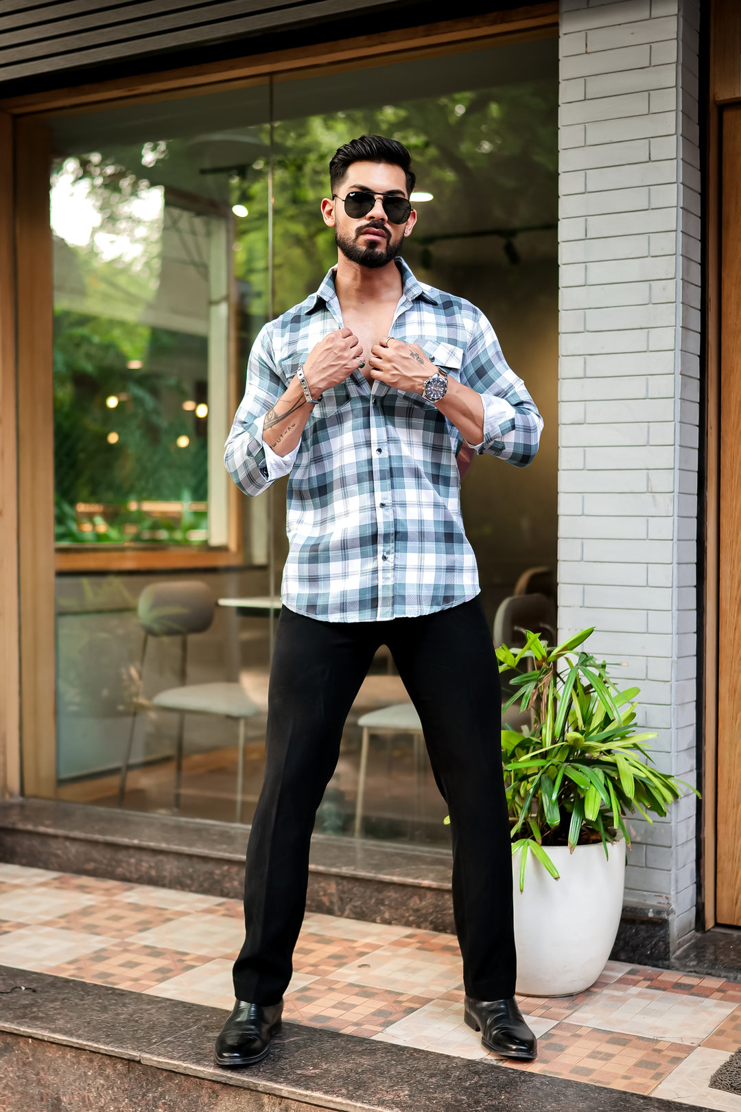 Light Green Double Pocket Checkered Shirt