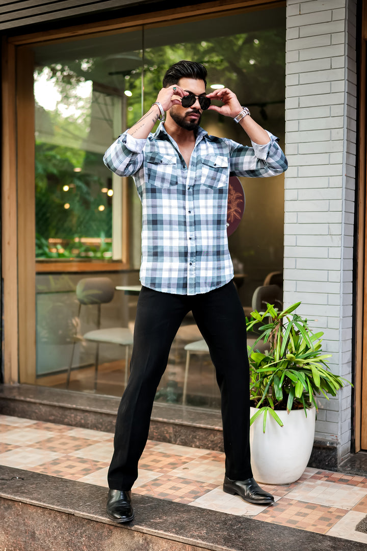 Light Green Double Pocket Checkered Shirt