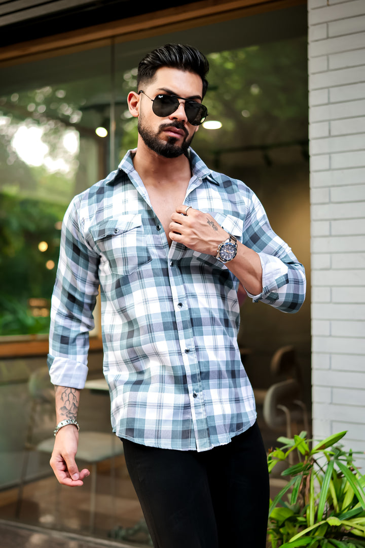 Light Green Double Pocket Checkered Shirt