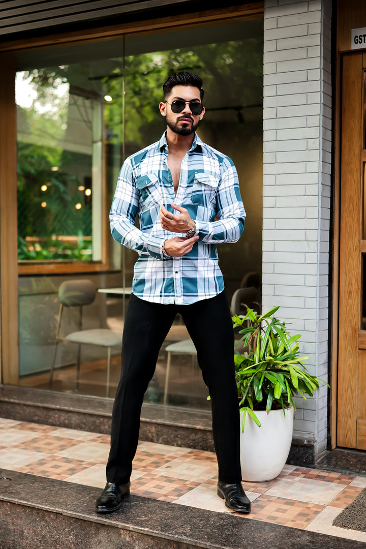 Dark Green Double Pocket Checkered Shirt