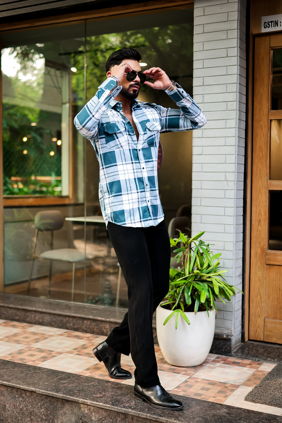 Dark Green Double Pocket Checkered Shirt