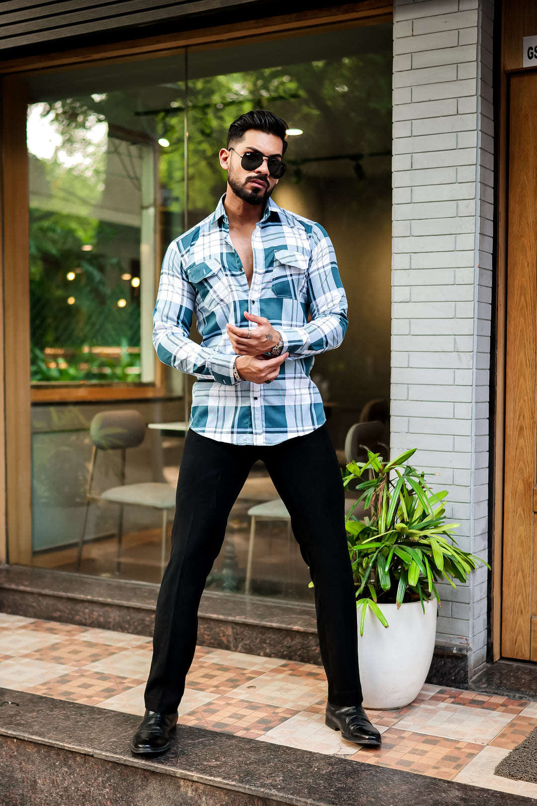 Dark Green Double Pocket Checkered Shirt