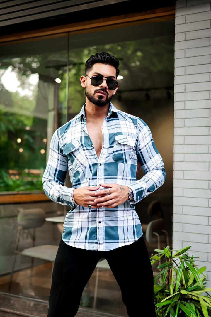 Dark Green Double Pocket Checkered Shirt