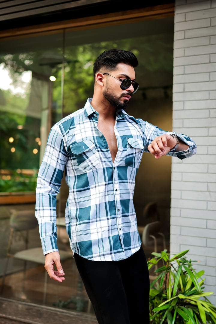 Dark Green Double Pocket Checkered Shirt