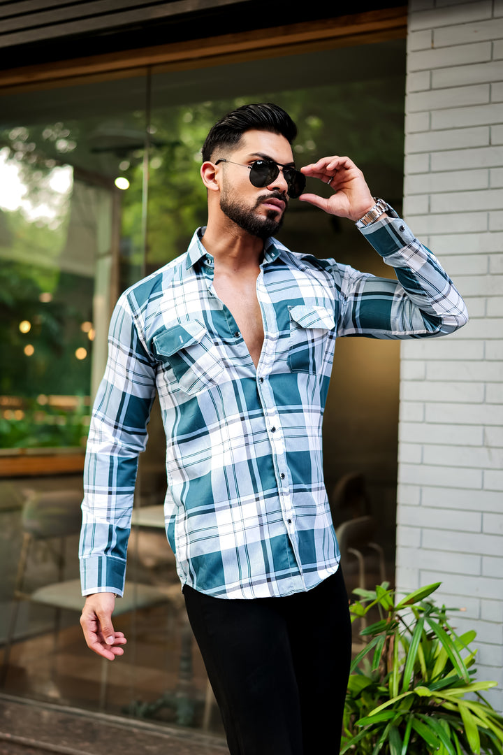 Dark Green Double Pocket Checkered Shirt