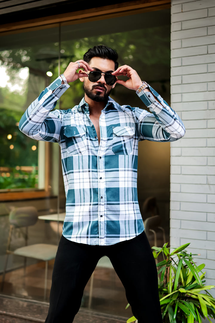 Dark Green Double Pocket Checkered Shirt