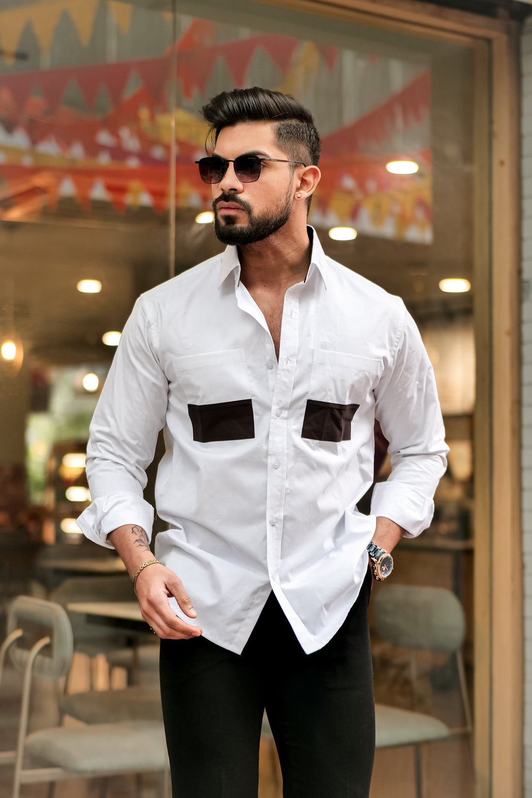 White Double Pocket Cotton Designer Shirt