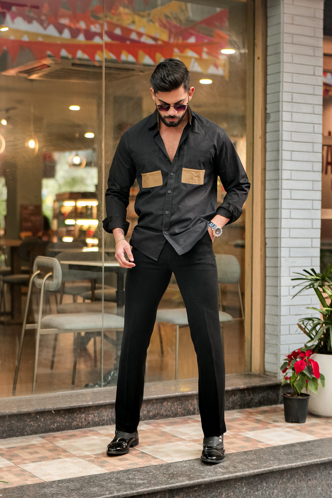 Black Double Pocket Cotton Designer Shirt