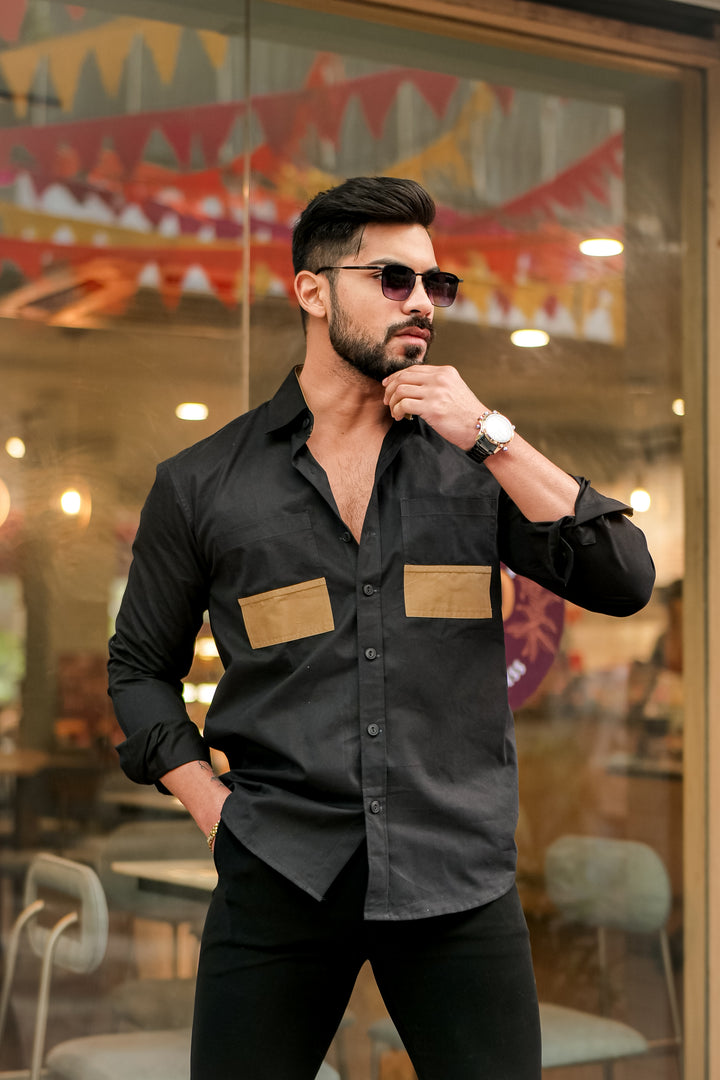 Black Double Pocket Cotton Designer Shirt