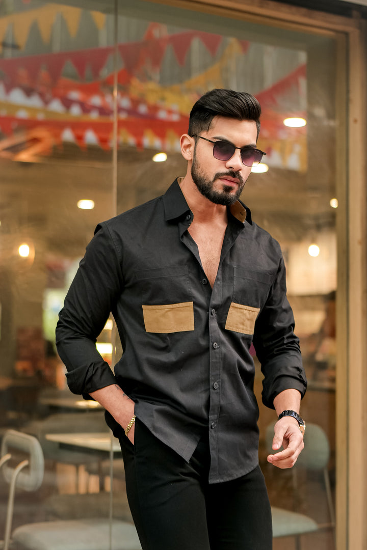 Black Double Pocket Cotton Designer Shirt