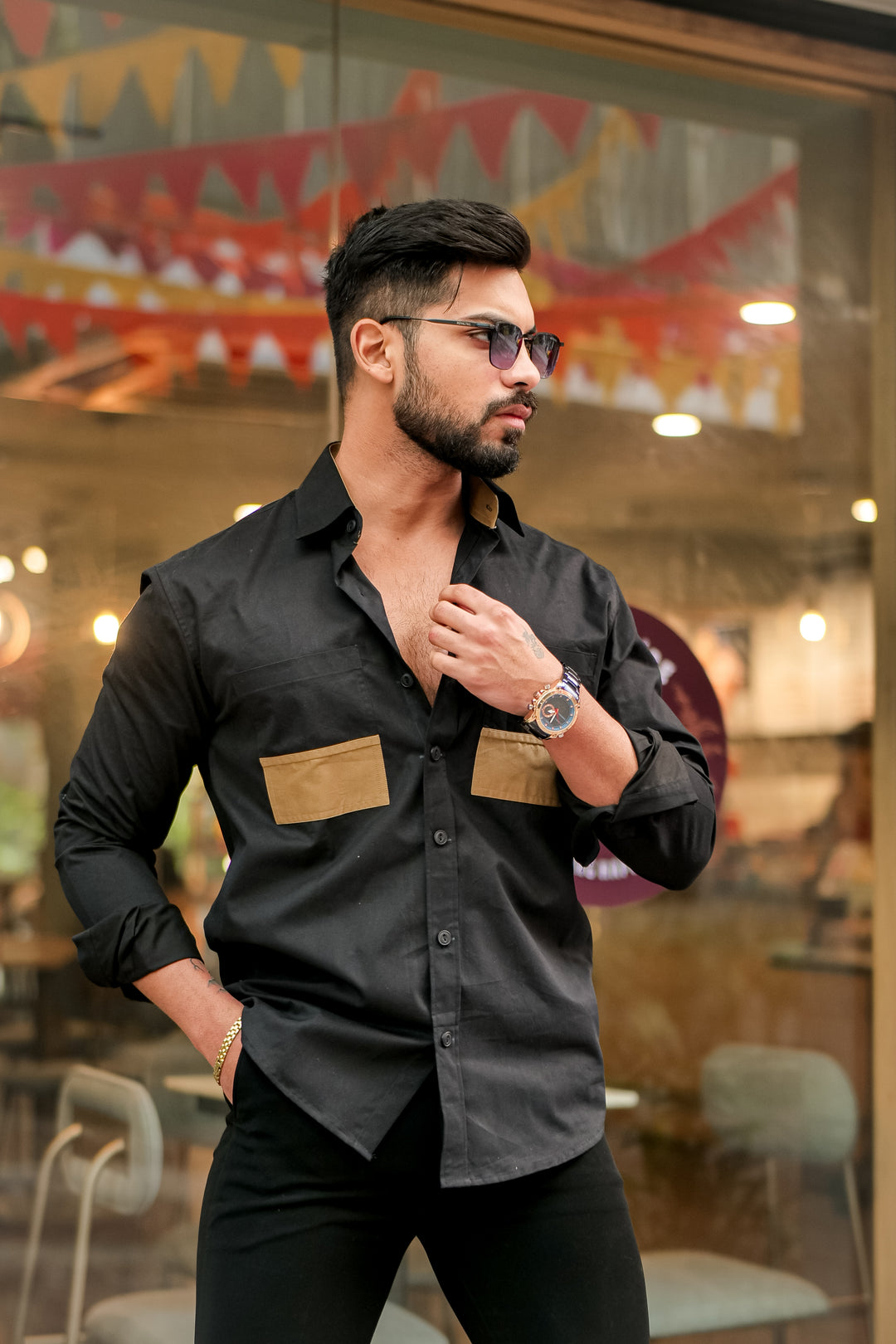 Black Double Pocket Cotton Designer Shirt