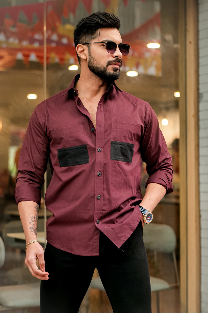 Wine Double Pocket Cotton Designer Shirt