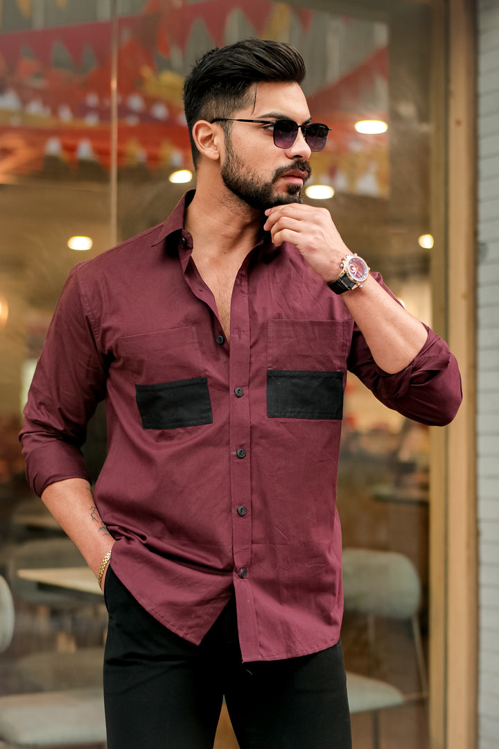 Wine Double Pocket Cotton Designer Shirt