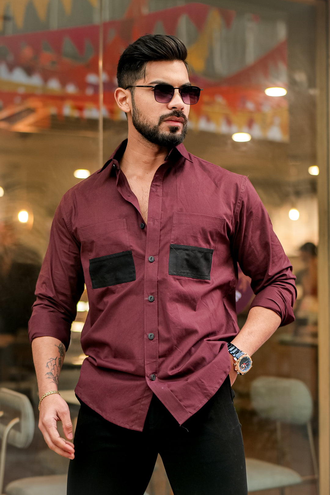 Wine Double Pocket Cotton Designer Shirt