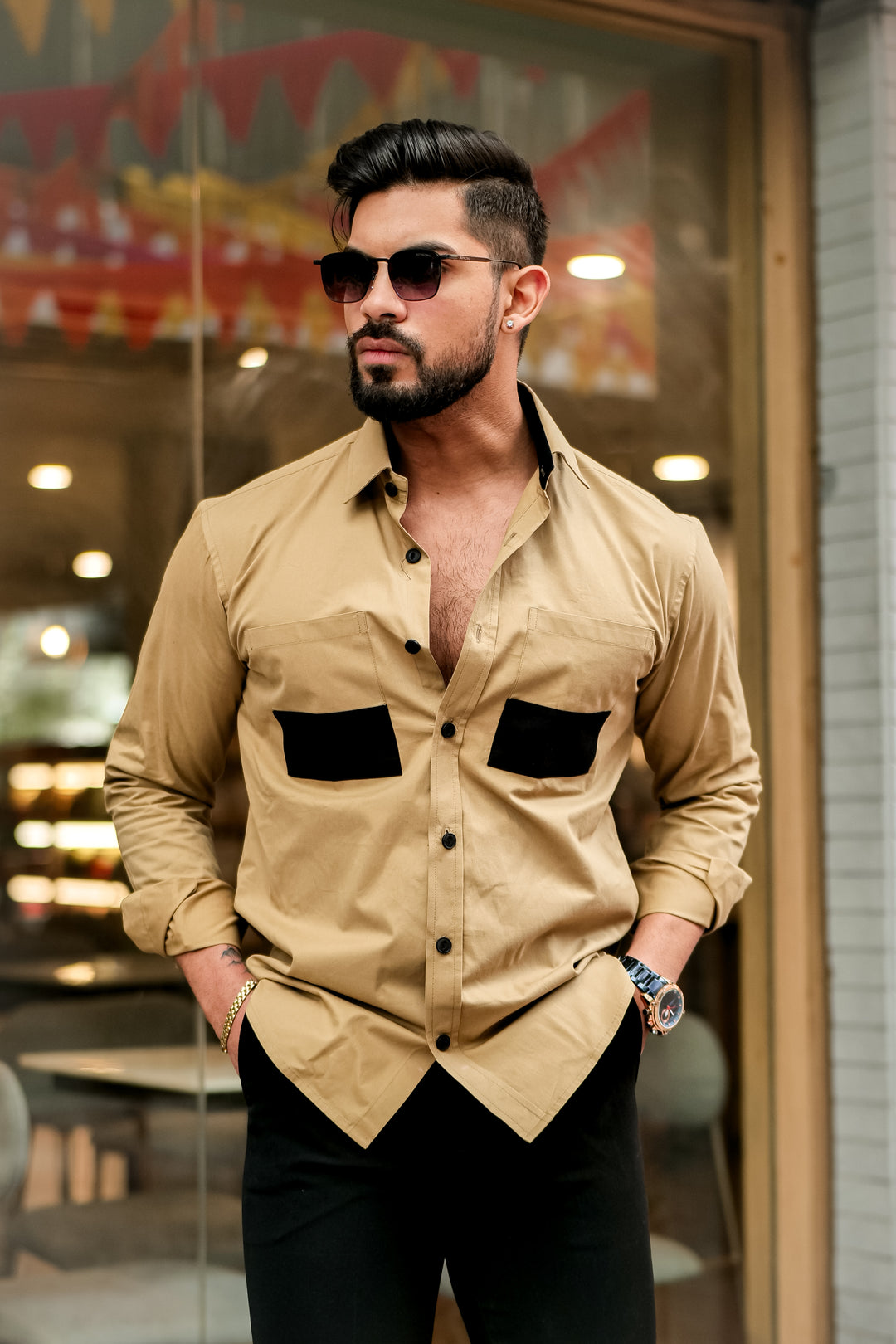 Mustard Double Pocket Cotton Designer Shirt