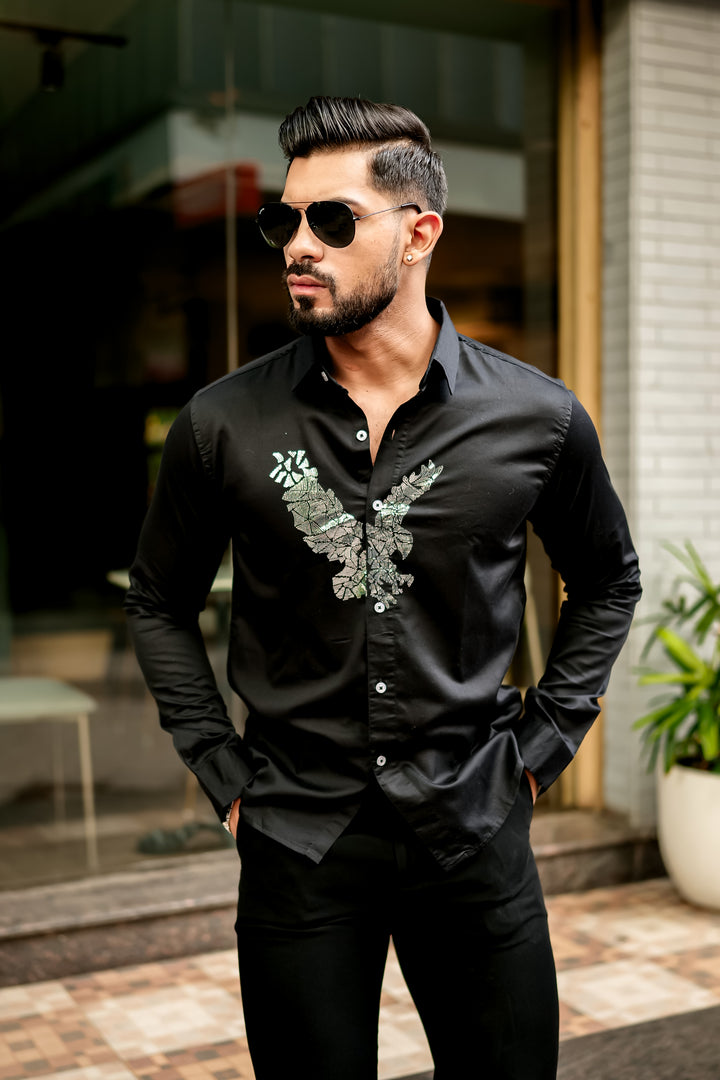 Trrendo Black Lux Embroidered Shirt premium satin cotton shirt