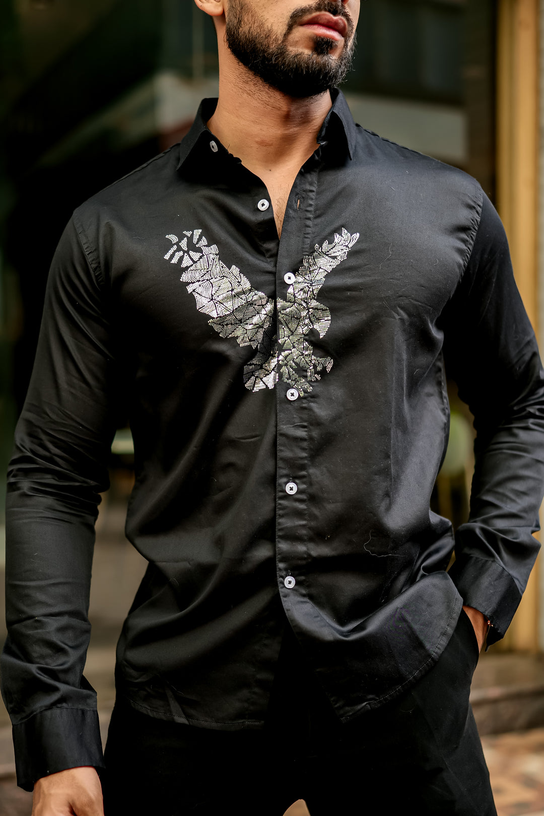 Trrendo Black Lux Embroidered Shirt premium satin cotton shirt