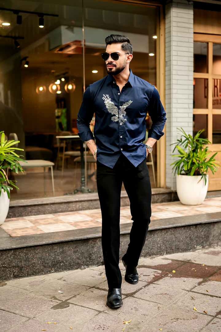 Trrendo Navy Luxe Embroidered Shirt premium satin cotton shirt