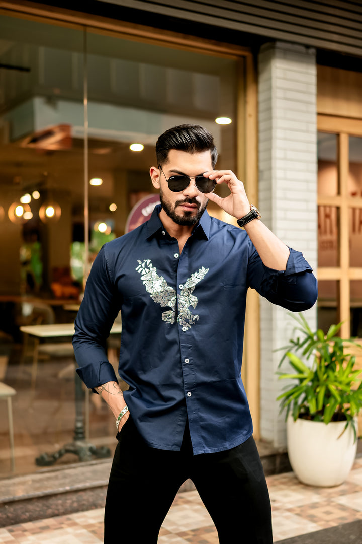 Trrendo Navy Luxe Embroidered Shirt premium satin cotton shirt