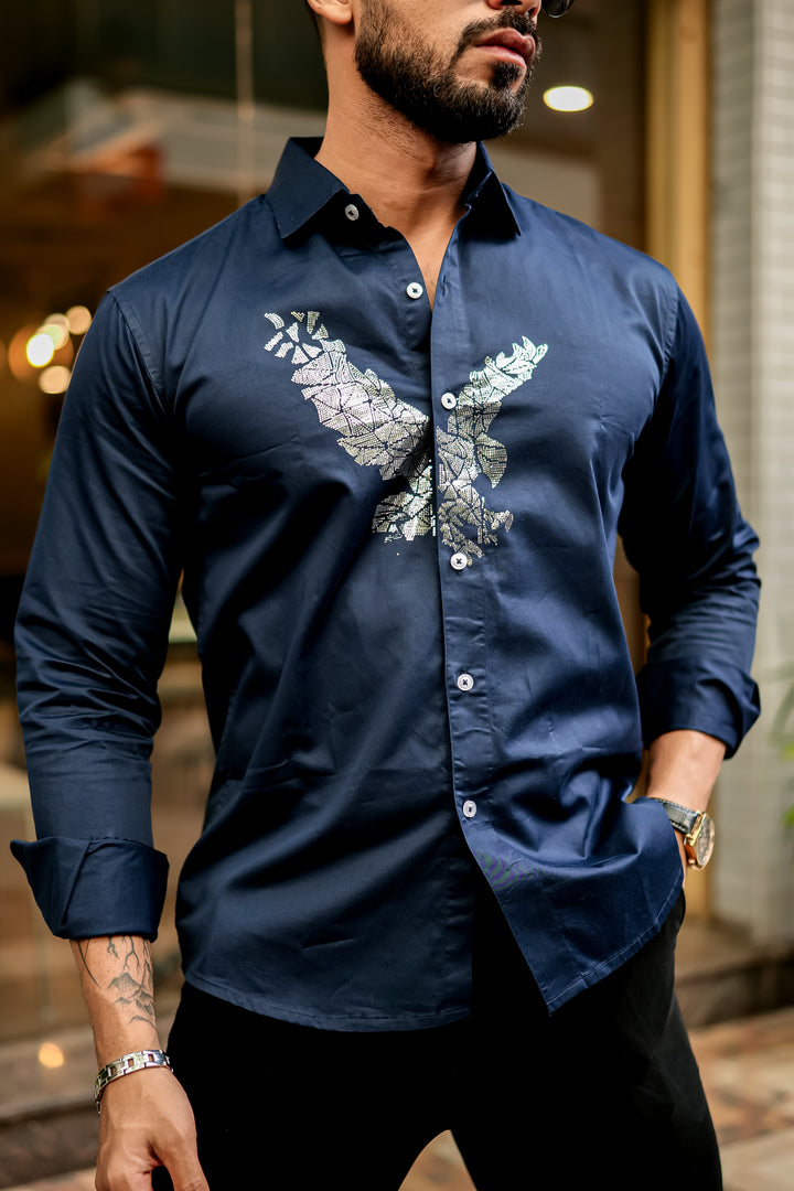 Trrendo Navy Luxe Embroidered Shirt premium satin cotton shirt