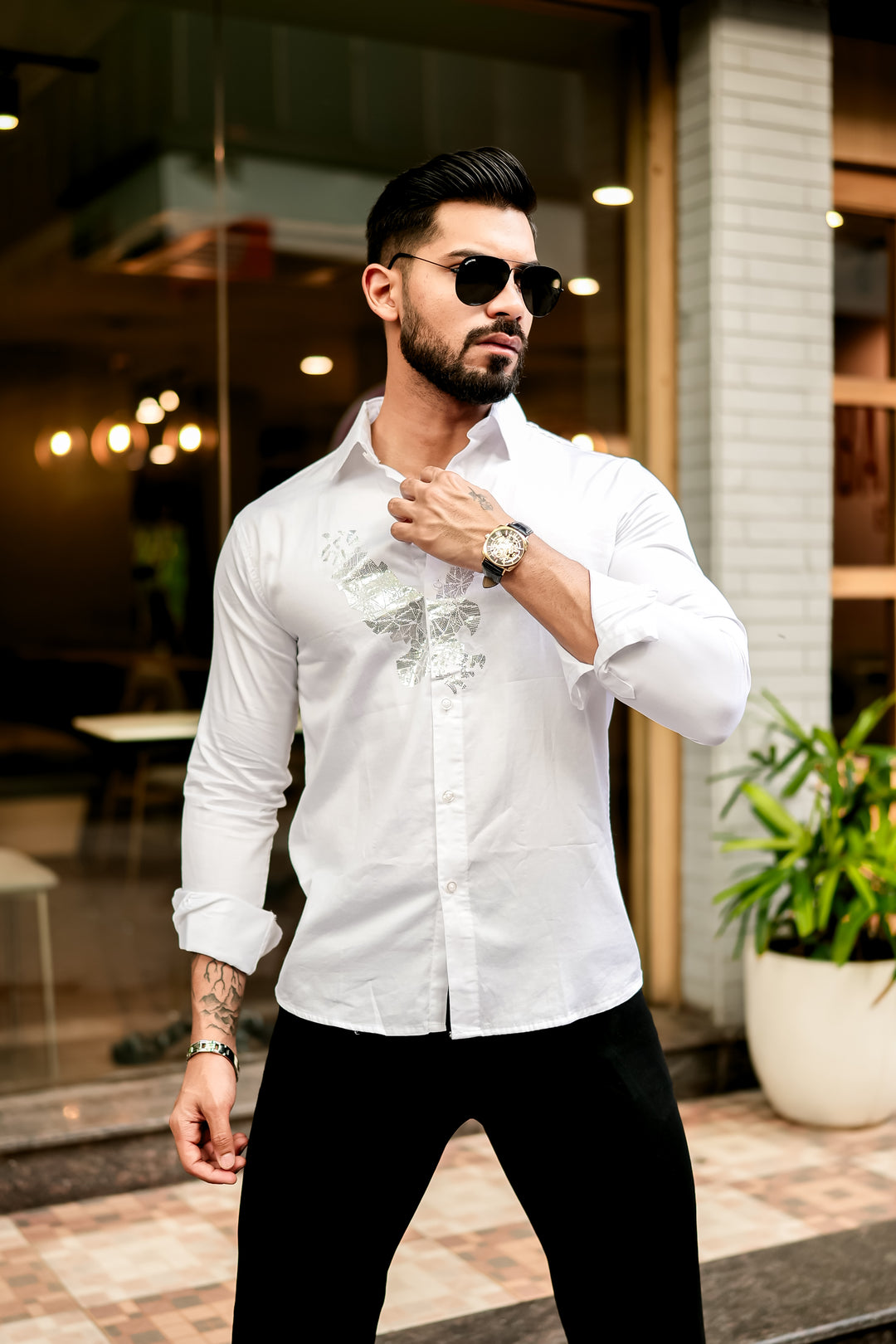 Trrendo White Luxe Embroidered Shirt Premium satin cotton shirt