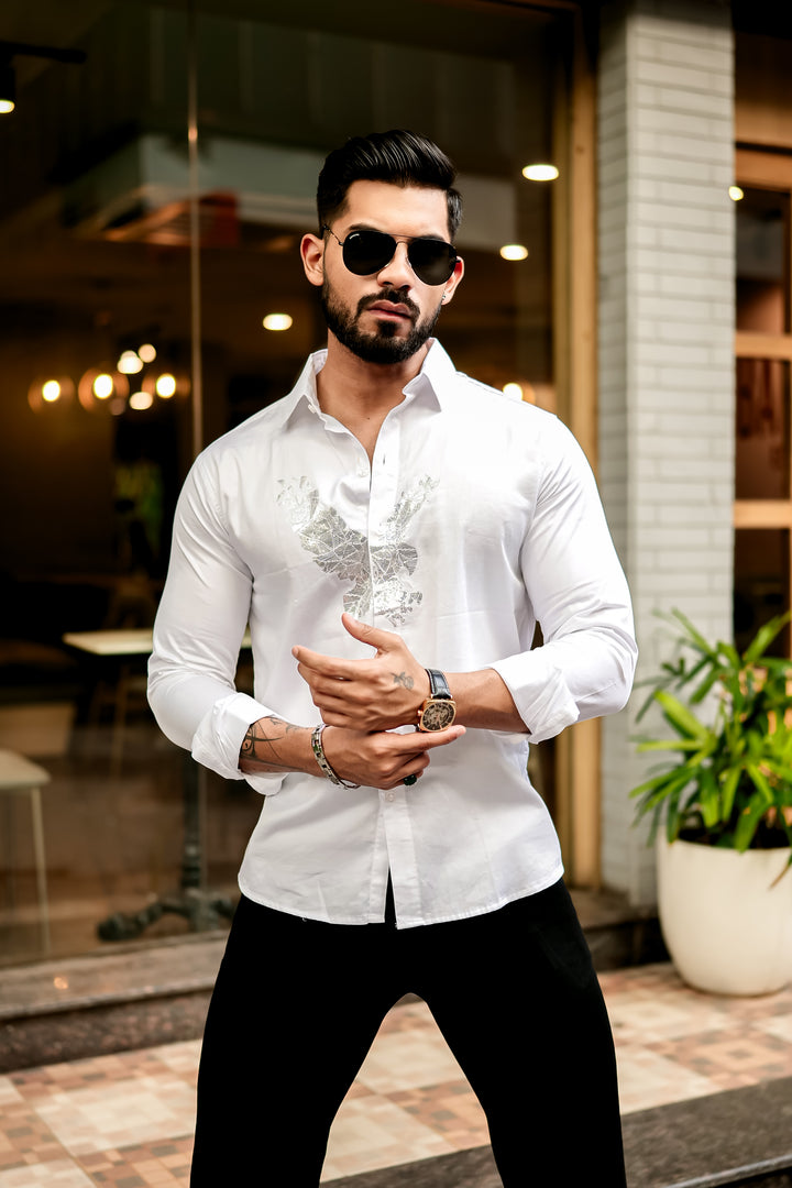 Trrendo White Luxe Embroidered Shirt Premium satin cotton shirt