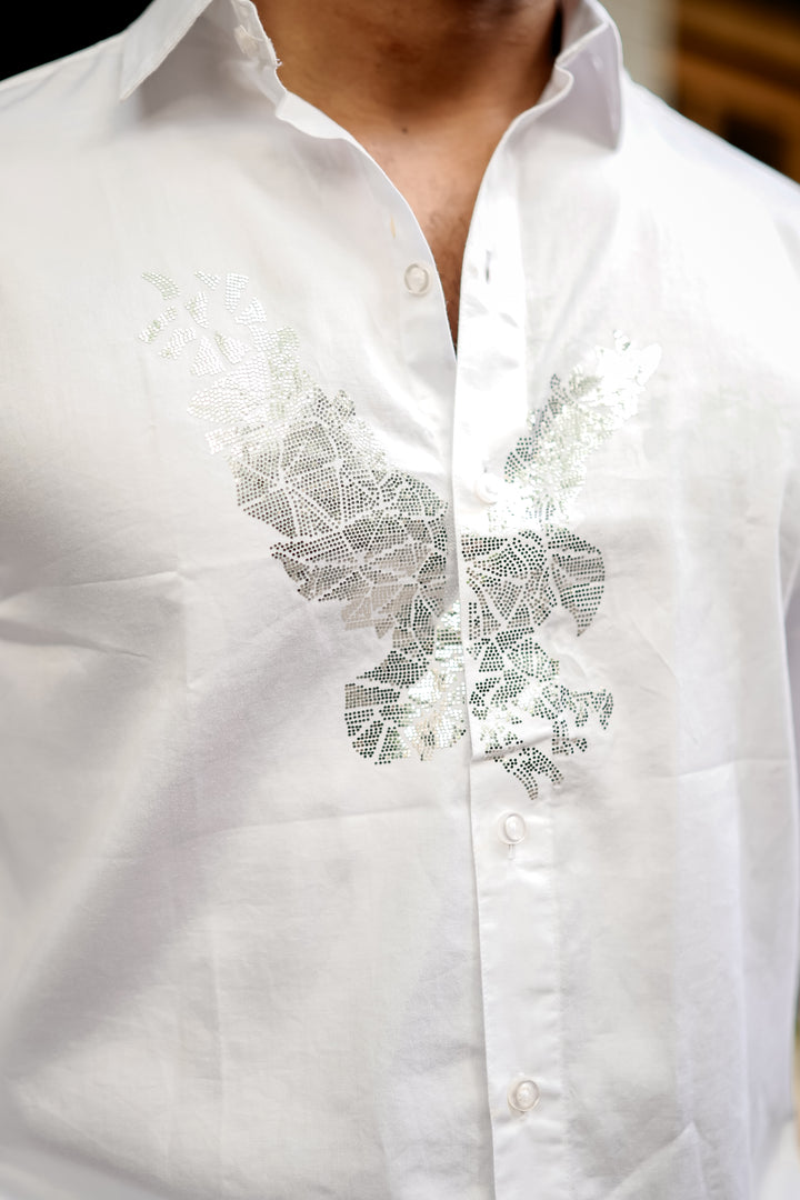 Trrendo White Luxe Embroidered Shirt Premium satin cotton shirt