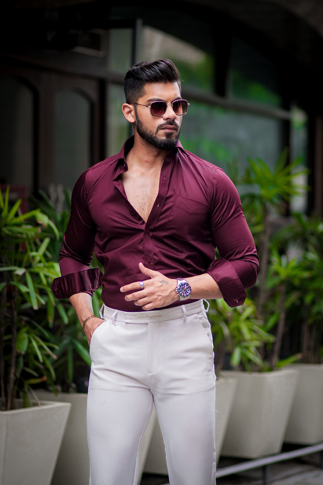 Wine solid satin cotton full sleeve shirt