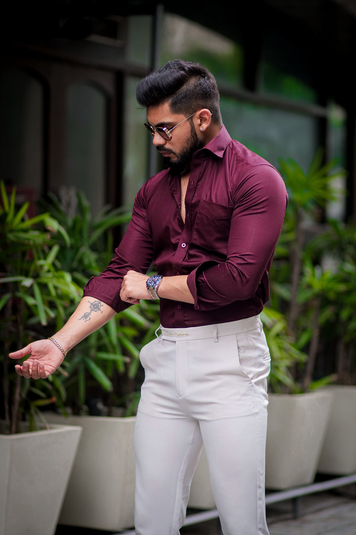 Wine solid satin cotton full sleeve shirt