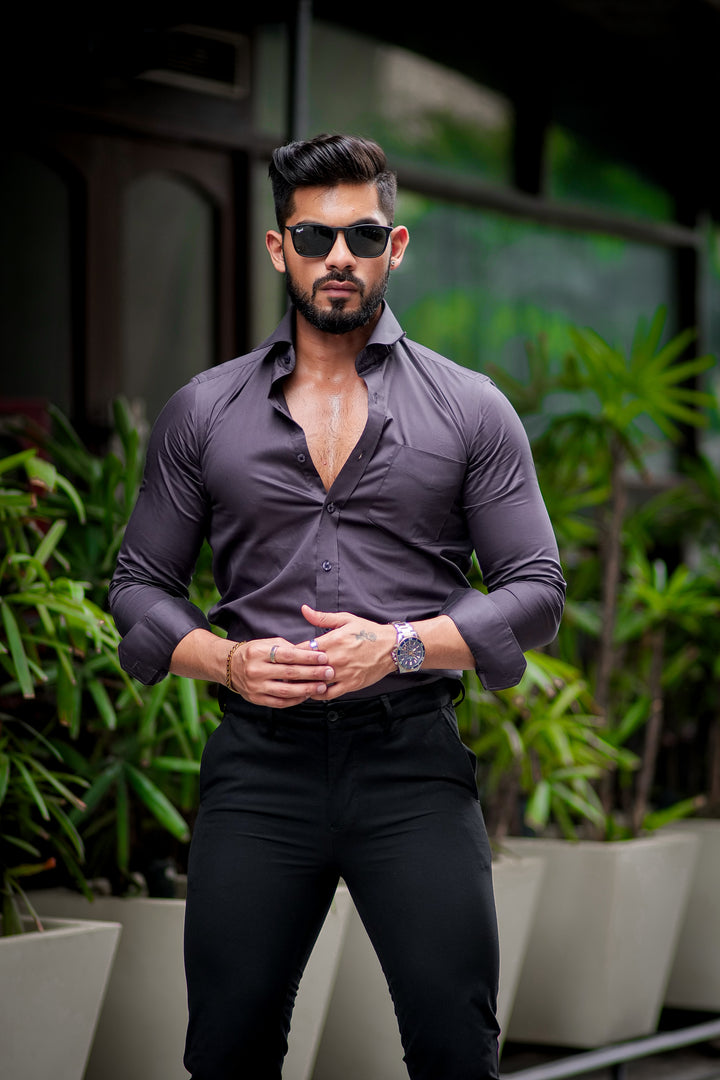 Dark Grey solid satin cotton full sleeve shirt