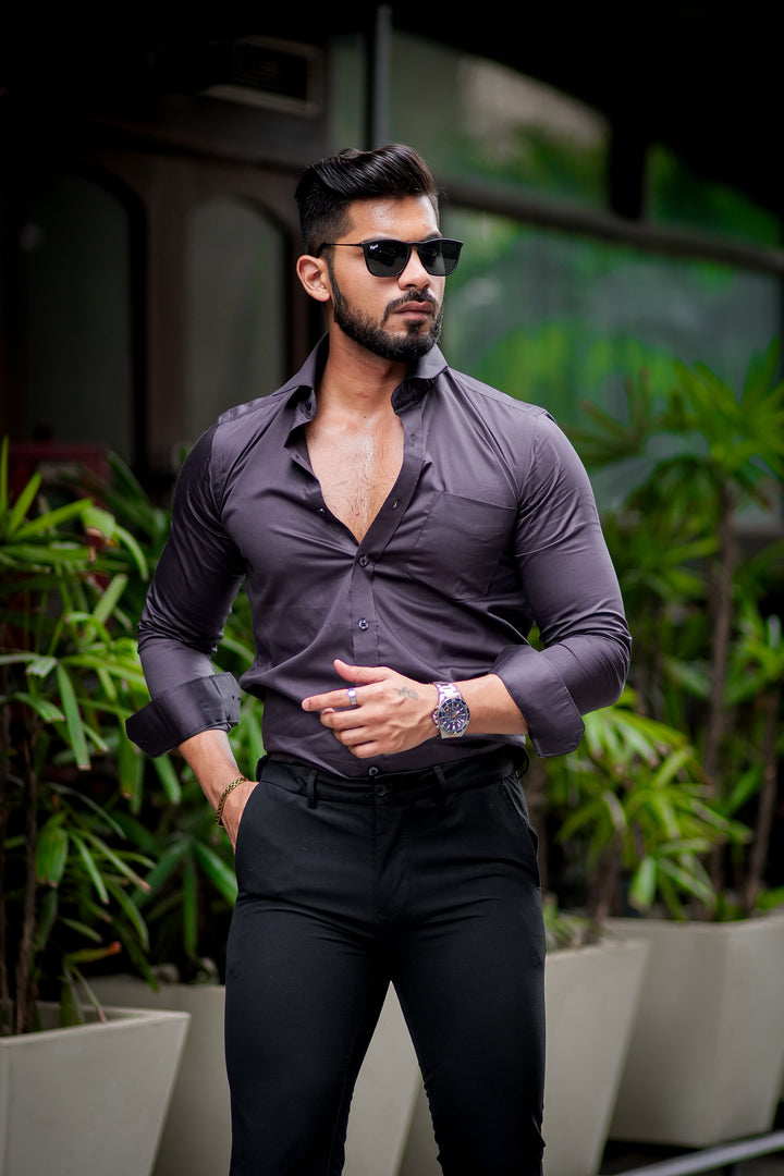 Dark Grey solid satin cotton full sleeve shirt